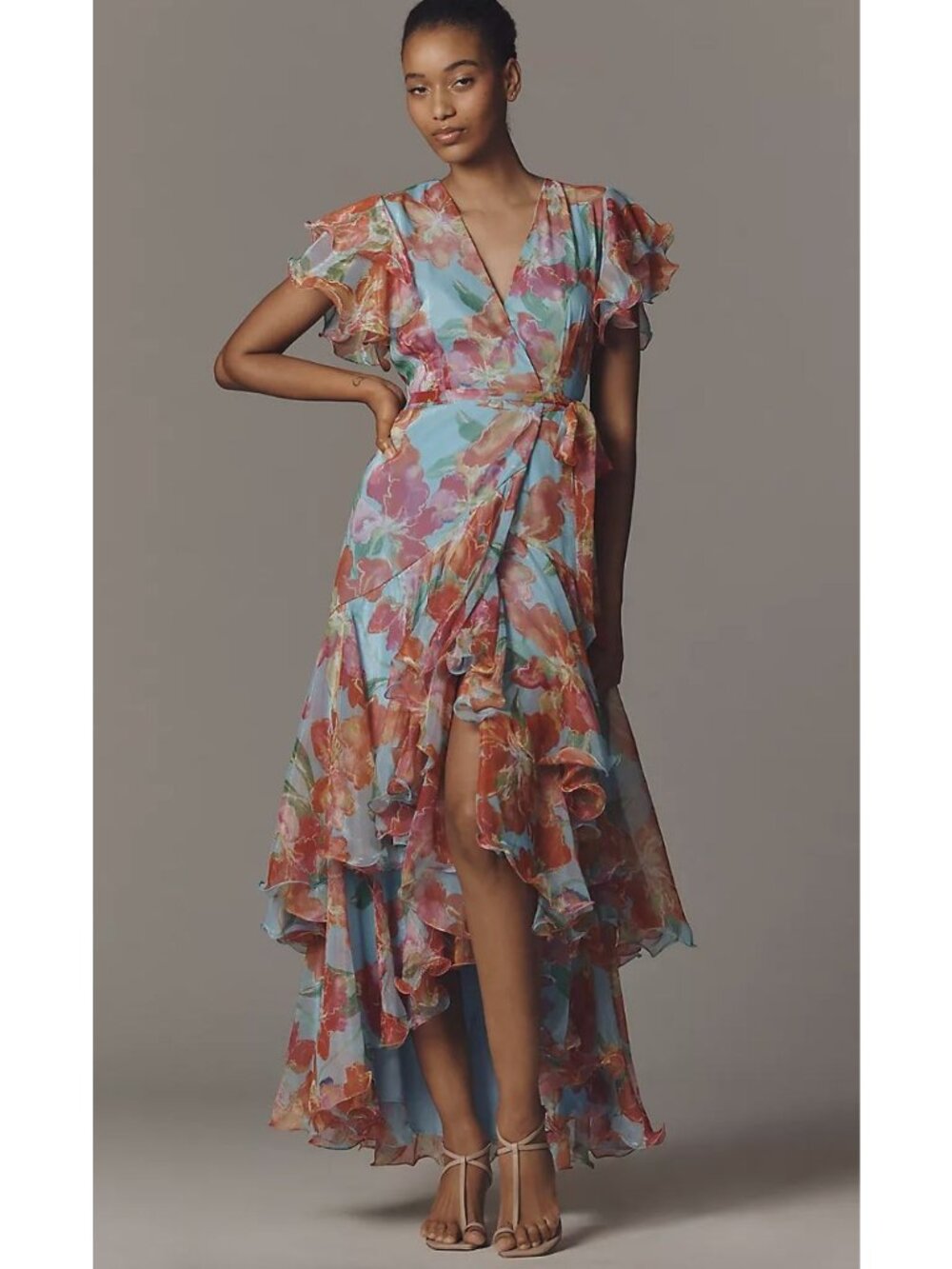 Anthropologie Hutch Samara Ruffle Midi Wrap Dress Size XL in Pink Floral
